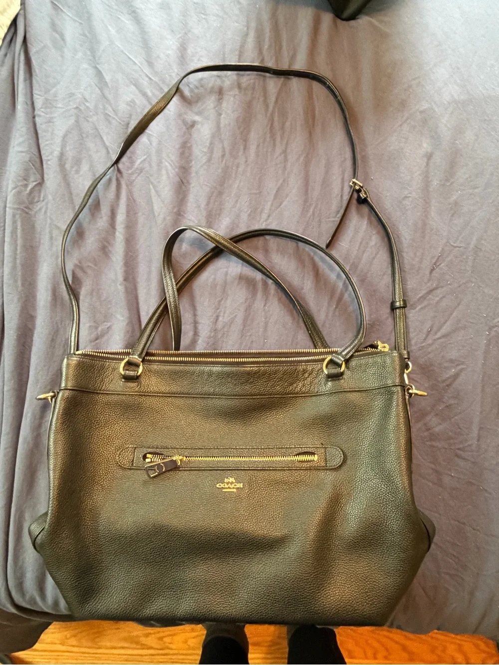 Coach Black Pebbled Leather Tote with Gold Accents